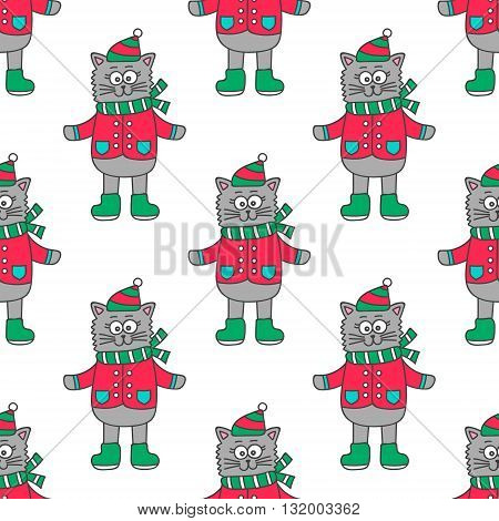 Winter cat. Pattern with hand drawn doodle cat in winter clothes. Cute cat for kids design. Vector. Isolated.