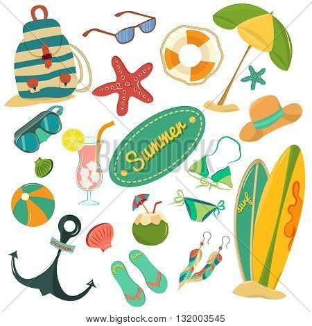 Beautiful summer vintage set Retro summer vacation set with hand drawn flip flops, sun glasses, beach bal, sea star
