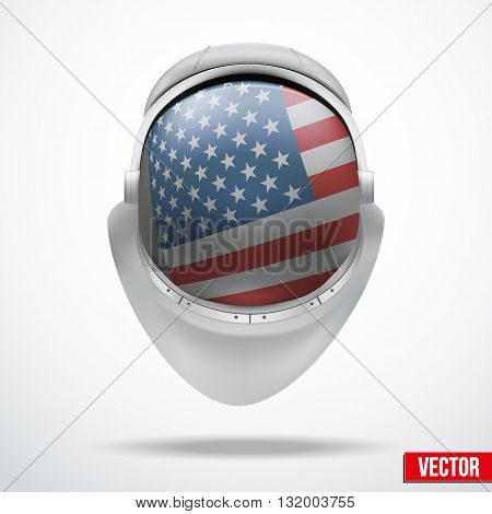 Astronaut helmet with big glass with flag USA reflecting on visor glass. Vector Illustration Isolated on White Background