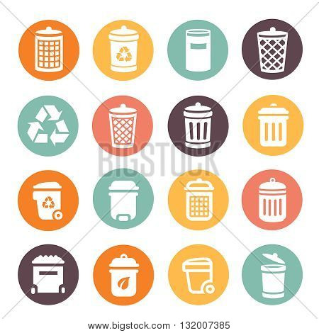 Vector colorful trash can icons on circular battons set