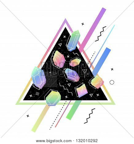 Space Triangle with crystals inside petrol color. memphis style for hipsters. Geometric composition build fabrics T-shirts greeting cards 80.