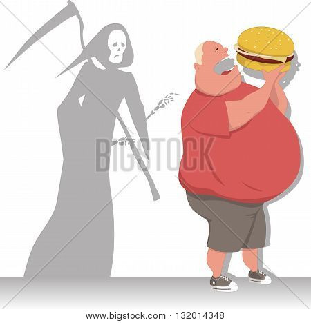 Grim Reaper tags an overweight man eating a hamburger