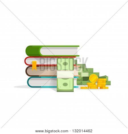 Books stack with pile of cash and coins vector illustration concept of learning success education expenses investment savings flat design isolated on white background
