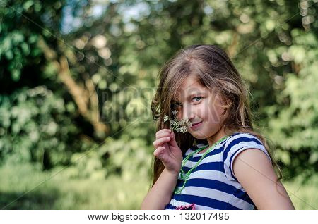 Cute little girl with a flower summer portrait.
