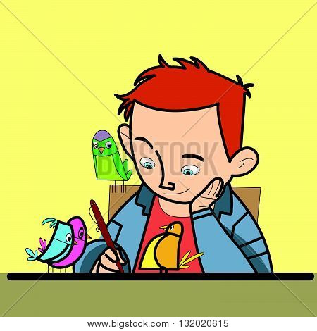 Boy writes bird watching line art caricature. The student learns. Excellent studious boy. Writer poet