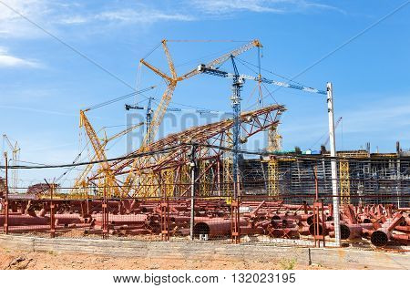 SAMARA RUSSIA - MAY 30 2016: Construction of a modern stadium for football matches Cosmos Arena for 45 thousand spectators