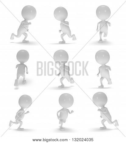 Man running set with different views. Fast delivery concept. Runner collection isolated on white. 3d render.