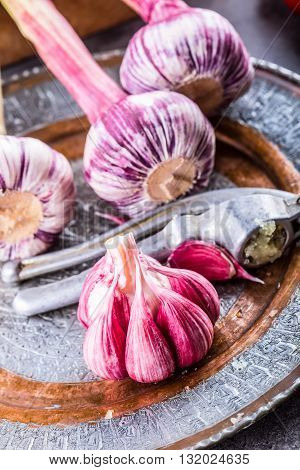 Garlic. Fresh garlic. Red garlic. Garlic press. Violet garlic.Garlic background. garlic bulbs.