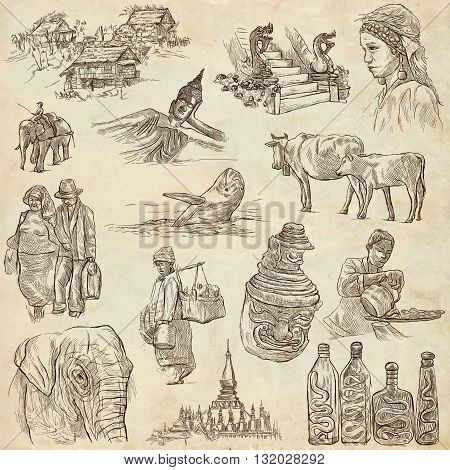Travel LAOS - Pictures of Life. Collection of an hand drawn illustrations - Lao People's Democratic Republic. Pack of full sized hand drawn illustrations set of freehand sketches. Drawing on paper.