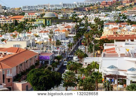 COSTA ADEJE, TENERIFE, SPAIN - DECEMBER 4, 2015: Aerial view on architecture of Costa Adeje town on Tenerife island, Spain