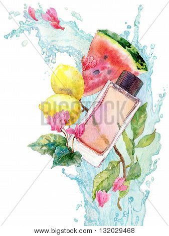 Perfume bottle watercolor illustration, aroma illustrated. Water splash with lemonbranch, watermelon and cyclamen flowers