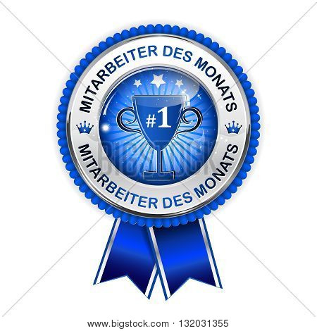 Employee of the month in German language (Mitarbeiter des Monats) - elegant golden blue award ribbon