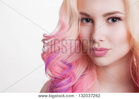 Youth women with curly colored hair. white background. Isolated. Copyspace