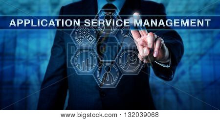End-user is touching APPLICATION SERVICE MANAGEMENT on a virtual control display. Business performance management metaphor and information technology concept. Icon tools for detection and process.