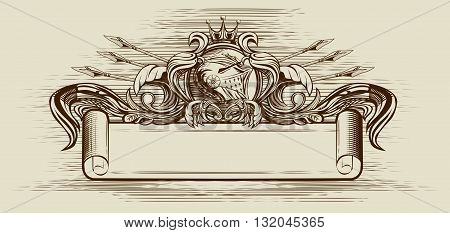 Vintage banner with a knights helmet, spears, ribbon and floral pattern