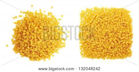 Set of pile of dry ditalini yellow pasta over isolated white background, different foreshortenings