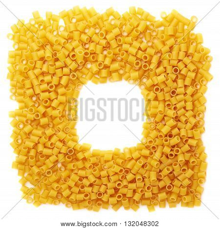 Square frame made of dry ditalini yellow pasta over isolated white background