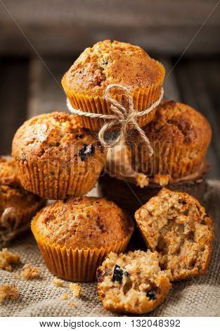 Fresh homemade delicious carrot muffins with dried friuts and nuts