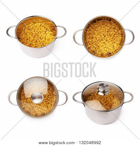Set of metal pan filled with dry ditalini yellow pasta over isolated white background, different foreshortenings