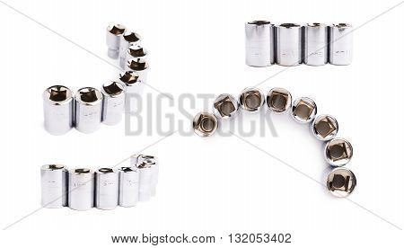 Set of line of metal hex socket of spanner over isolated white background, different foreshortenings