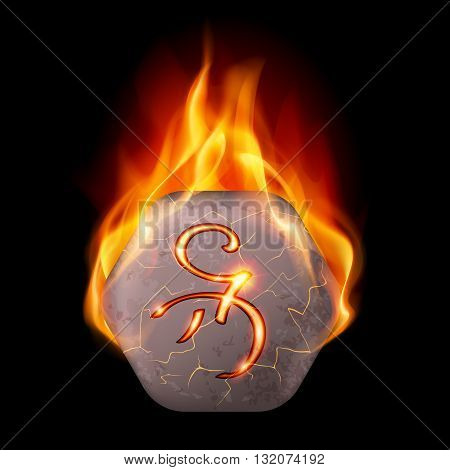 Hexagonal stone with magic rune in orange flame