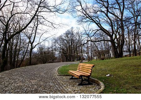 Benches in a deserted winter park in Prague