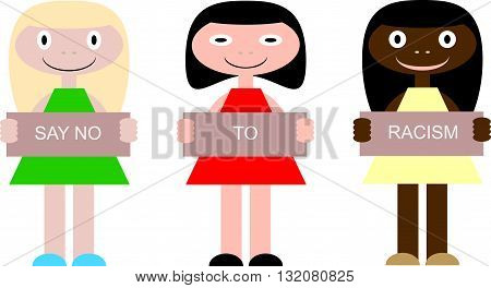 Three girls of different nationalities with posters: 