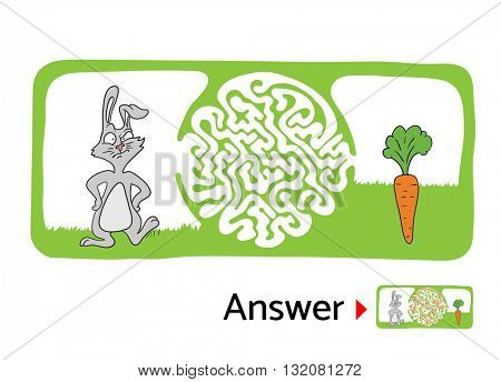 Maze puzzle for kids with rabbit and carrot. Labyrinth illustration, solution included.