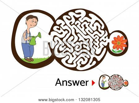 Maze puzzle for kids with gardener and flower. Labyrinth illustration, solution included.