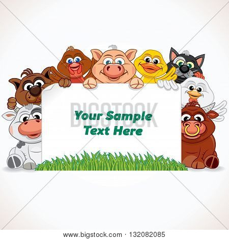 Cute Farm Animals with Blank Banner. Cartoon Farm Animals. Vector Illustration Ready for Your Text and Design.