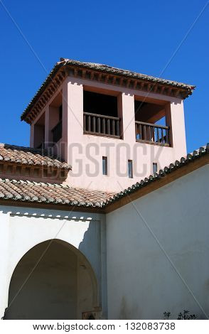MALAGA, SPAIN - JULY 11, 2008 - Patio de la Alberca inside Nasrid Palace Malaga castle (Alcazaba de Malaga) Malaga Malaga Province Andalucia Spain Western Europe, July 11, 2008.