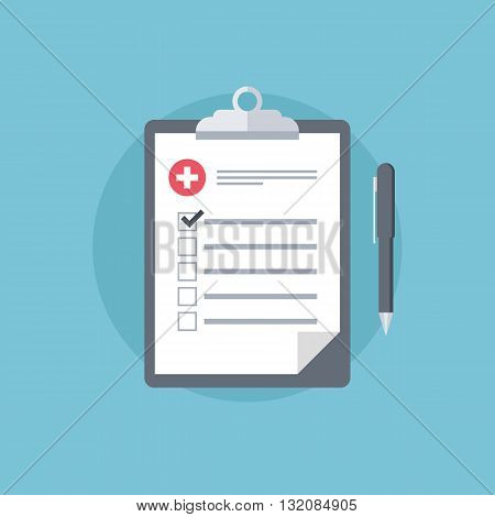 Medical report. Medical clipboard icon. First aid, diagnostic. Flat design vector illustration.