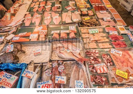 Fresh fish on sale in Tsukiji Fish MarketTokyo Japan.