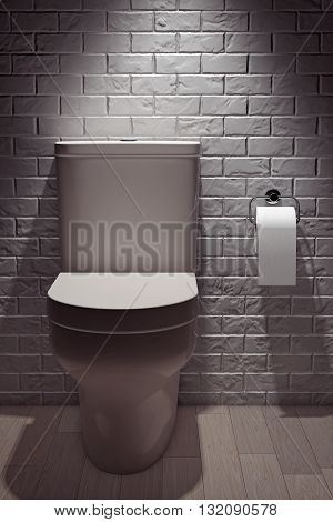 White Ceramic Toilet Bowl in front of Brick Wall. 3d Rendering