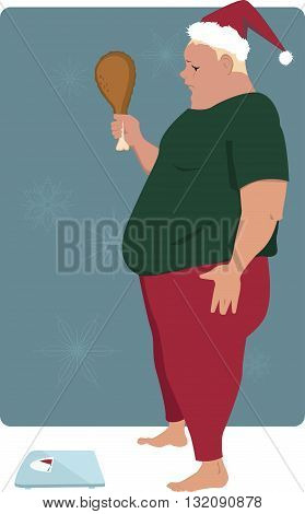 Overweight Caucasian man with a turkey drumstick in his hand and Santa hat on his head anxious to step on the scales, vector illustration, no transparencies, EPS 8