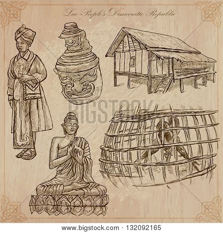 Travel collection. LAOS traveling set. Pictures of Life Lao People's Democratic Republic.Hand drawn vector pack freehand sketching. Illustrations are editable.All things are named inside the vector.