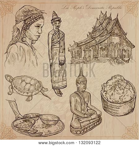 Travel collection. LAOS traveling set. Pictures of Life Lao People's Democratic Republic.Hand drawn vector pack freehand sketching. Illustrations are editable.All things are named inside the vector.
