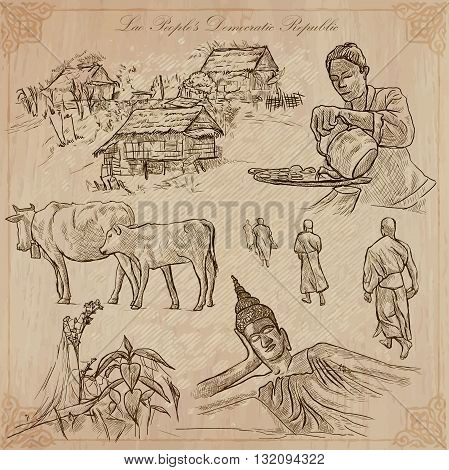 Travel collection. LAOS traveling set. Pictures of Life Lao People's Democratic Republic.Hand drawn vector pack freehand sketching. Illustrations are editable.All things are named inside the vector.