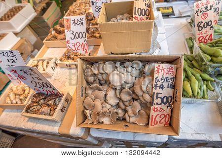 Tokyo Tsukiji Japan -November 21 2015 - Tsukiji market is a large market for fish fruits and vegetables in Tokyo Japan.Tsukiji Market which is the biggest wholesale fish market in the world.