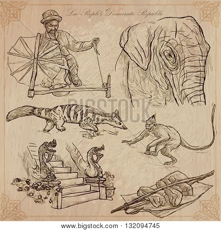 Travel collection. LAOS traveling set. Pictures of Life Lao People's Democratic Republic.Hand drawn vector pack freehand sketching. Illustrations are editable.All things are named inside the vector.