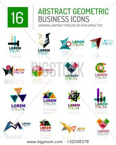Abstract geometric business logo icon set. Colorful geometrical figure compositions with light effects - triangles circles rings arrows lines