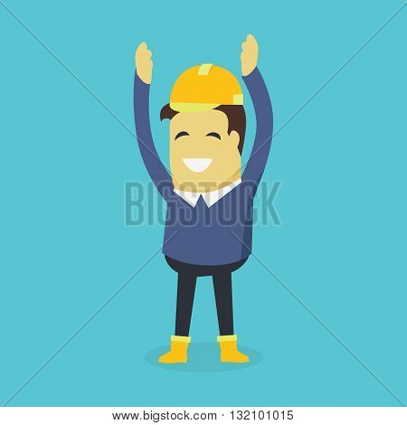 Businesman show holds hands up. Young successful investor man in helmet do business hand gesture shows good job. Approval of praise and agreement. Vector illustration