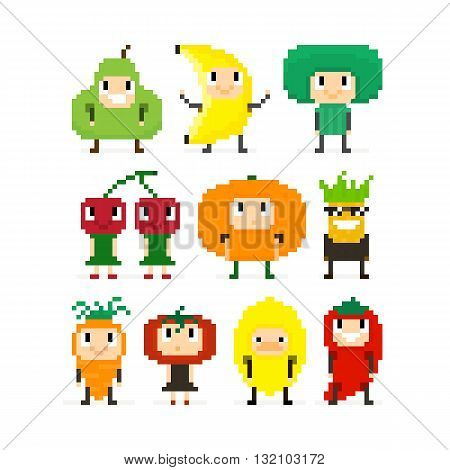 Pixel art characters people in fruit and vegetable costumes