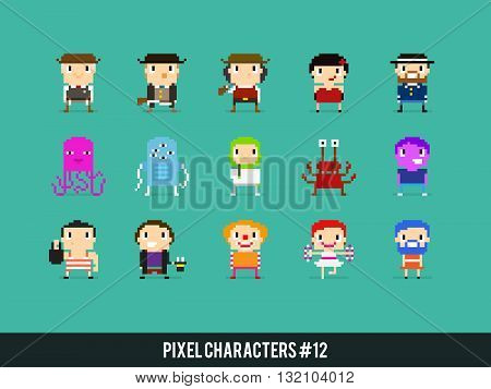 Pixel art characters wild west aliens and circus people