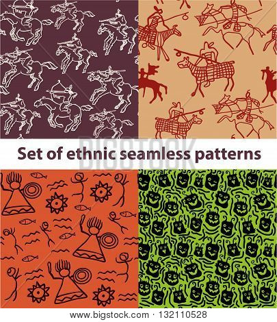 set of hand drawn ethnic tribal seamless patterns, the pattern of the horsemen of the native americans with guns, the pattern of the rock paintings of Northern peoples