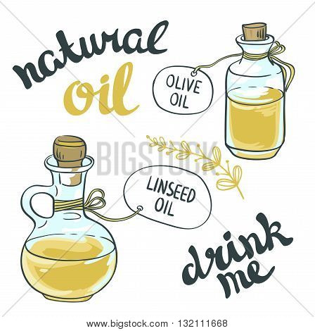 Set of bottles with linseed and olive oil. Vector isolated objects.