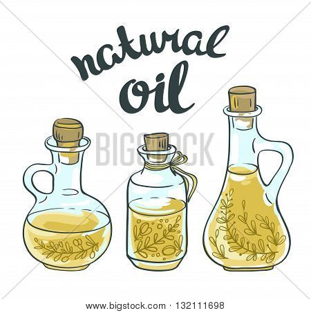 Set of bottles with linseed and olive oil. Vector isolated objects.