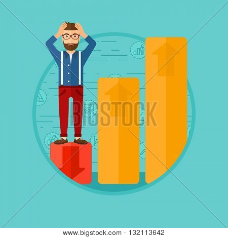 A frightened hipster bankrupt clutching his head. Bankrupt standing on chart going down. Concept of business bankruptcy. Vector flat design illustration in the circle isolated on background.