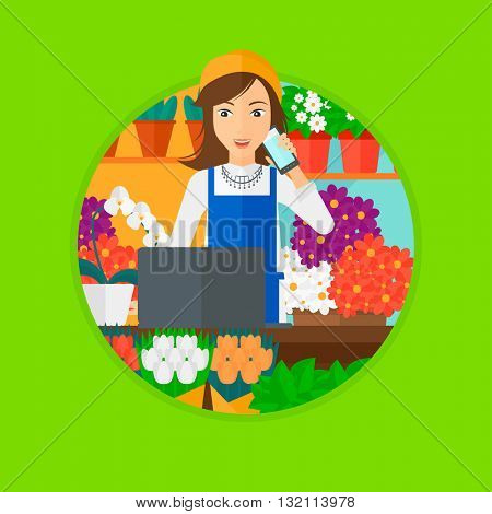 A female florist using telephone and laptop to take orders for flower shop. A florist standing behind the counter at flower shop. Vector flat design illustration in the circle isolated on background.