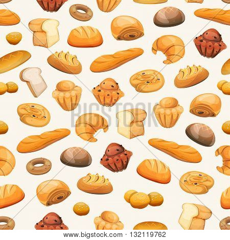 Illustration of a seamless bakery and pastry products background with bread and breakfast icons brioche viennoiserie cakes crescent donuts biscuits desserts and sweets